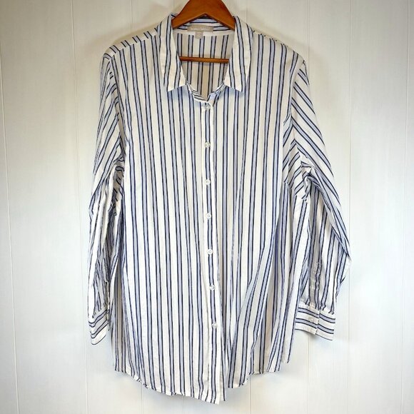 Woman Within Button Up Top Sz 26/28 2XL100% Cotton French Blue Striped‎ Career - Picture 2 of 9